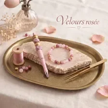Ensemble bracelet & stylo faits main en perles - Velours rosée