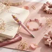 Ensemble bracelet & stylo faits main en perles - Velours rosée