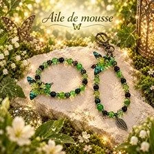 Ensemble bracelet et grigri de sac vert - Aile de mousse
