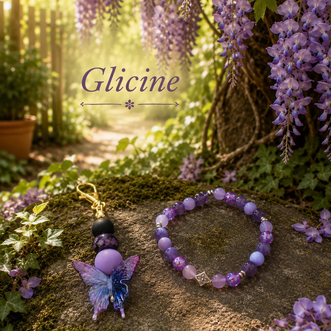 Ensemble bracelet et porte-clé - tons violets - Glicine -