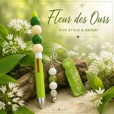Stylo 4 couleurs avec jeton de caddie assorti en perles vertes fantaisie -" fleurs des Ours" - 
