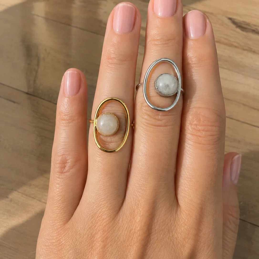 Bague Aura en quartz rose naturel – Acier inoxydable – Dorée ou argentée – Bague réglable femme