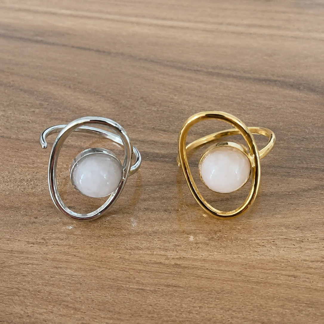 Bague Aura en quartz rose naturel – Acier inoxydable – Dorée ou argentée – Bague réglable femme
