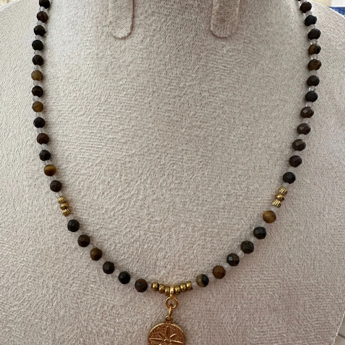 collier œil de tigre et quartz rose