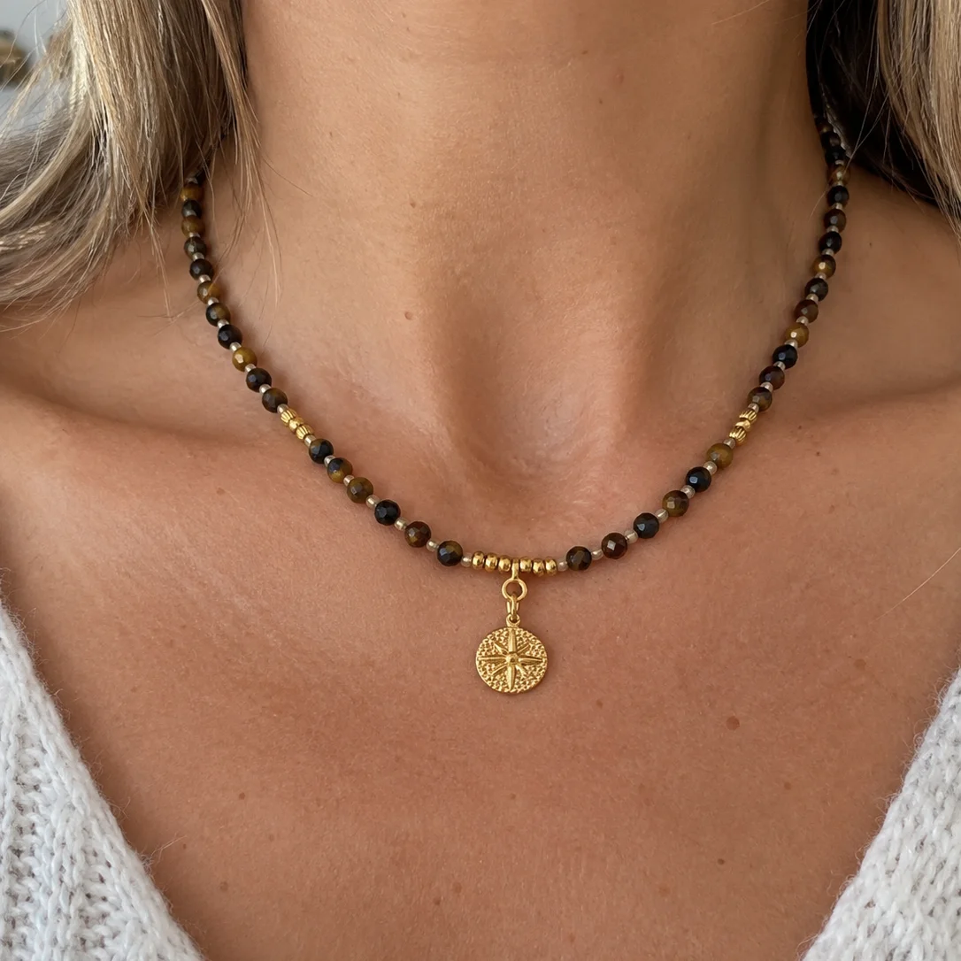 collier œil de tigre et quartz rose