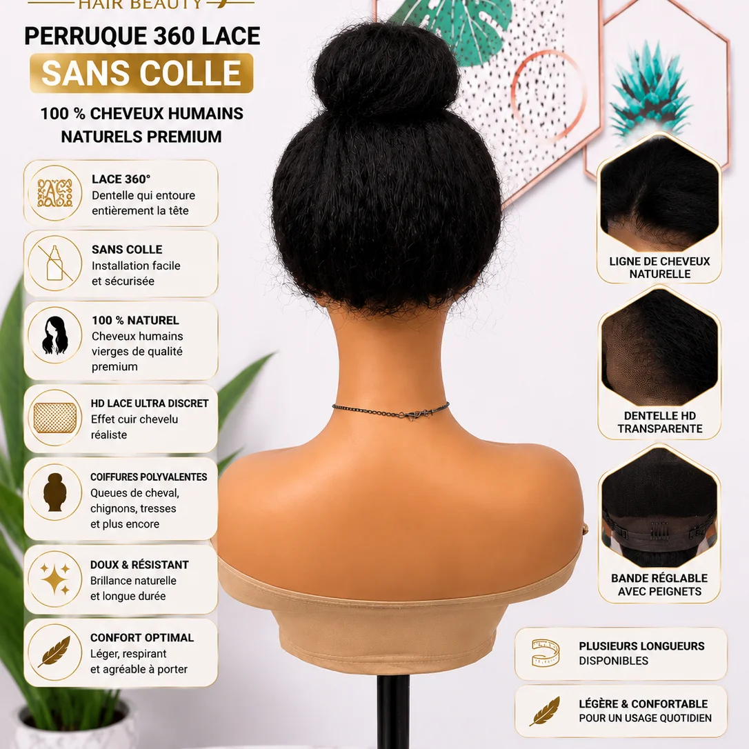 Perruque Kinky Straight Yaki 360 Lace Sans Colle – 100 % Cheveux Humains Premium