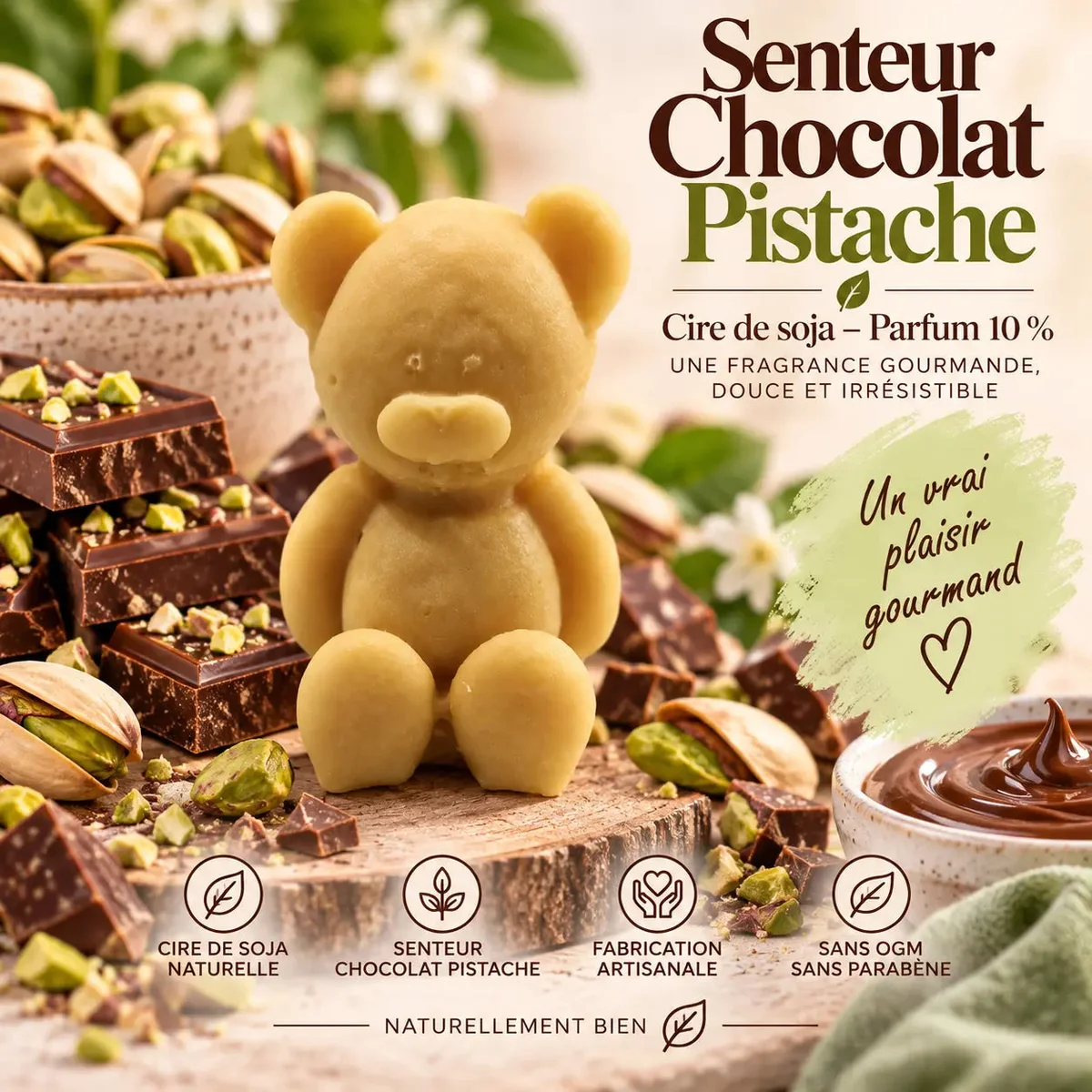 Fondant parfumé Chocolat Pistache en cire de soja – Gourmand, crémeux & réconfortant