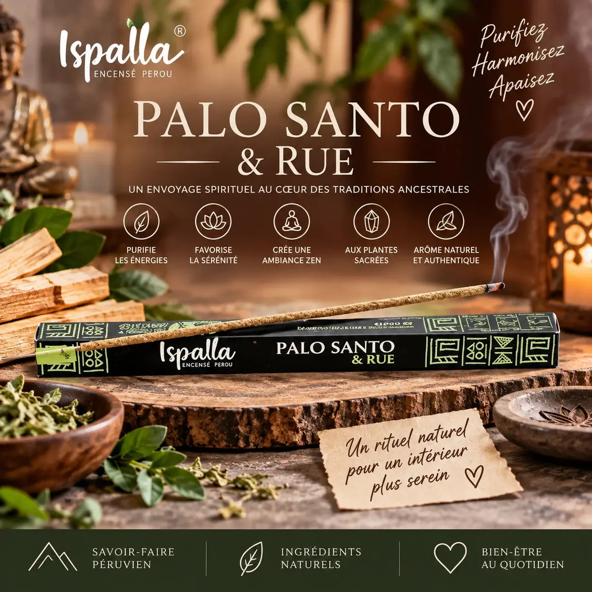 Encens Ispalla Palo Santo & Rue – 10 Bâtonnets
