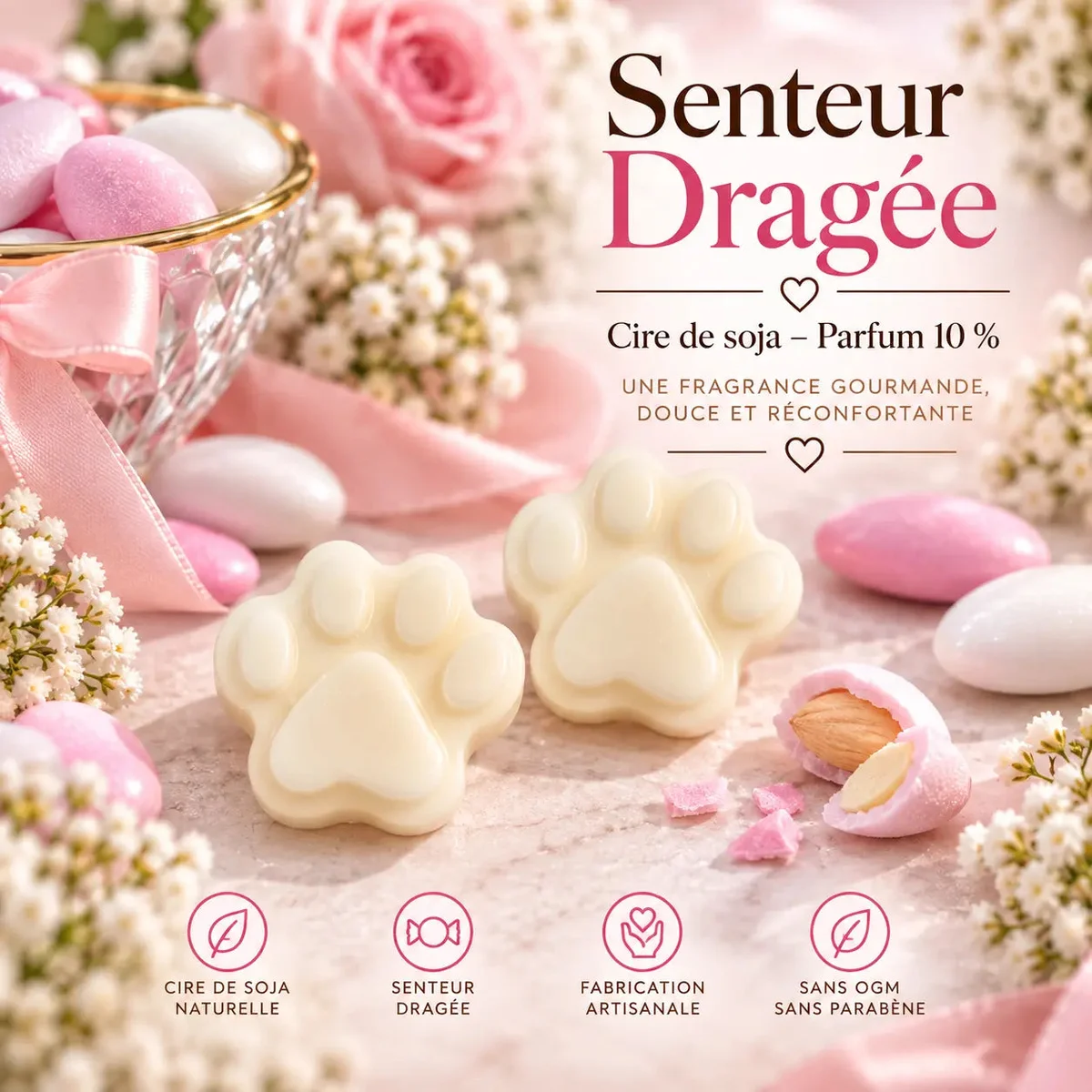 Fondant parfumé Dragée – Cire de soja | Senteur gourmande