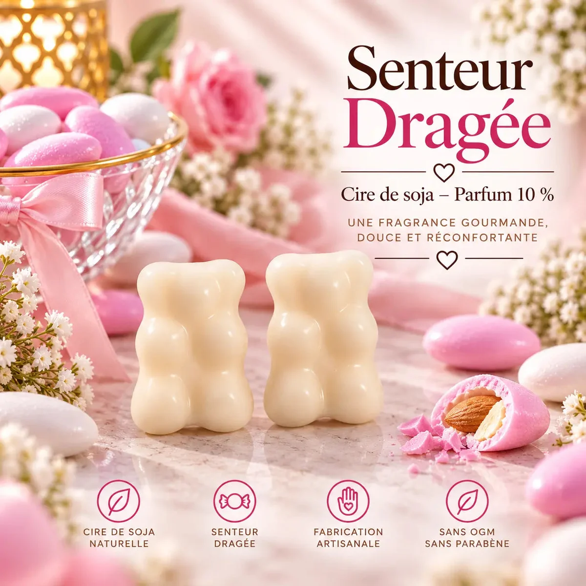 Fondant parfumé Dragée – Cire de soja | Senteur gourmande