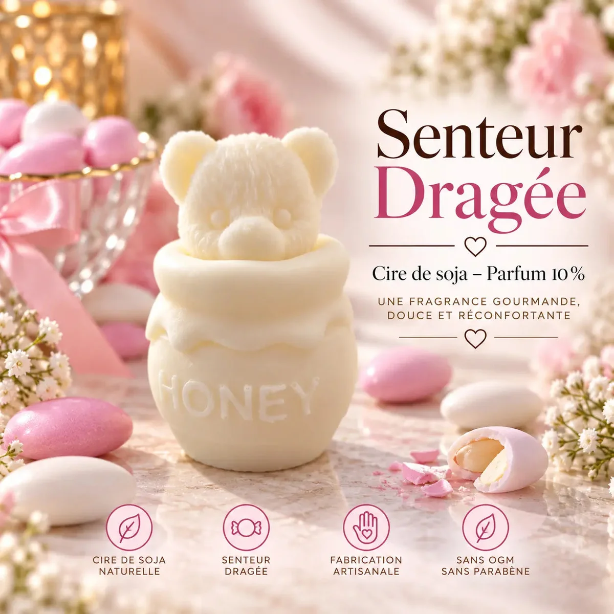 Fondant parfumé Dragée – Cire de soja | Senteur gourmande