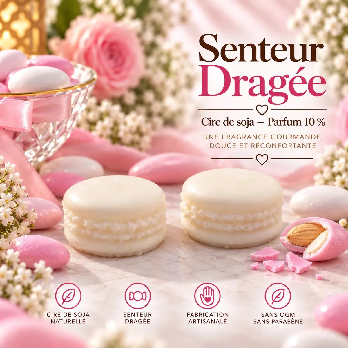 Fondant parfumé Dragée – Cire de soja | Senteur gourmande