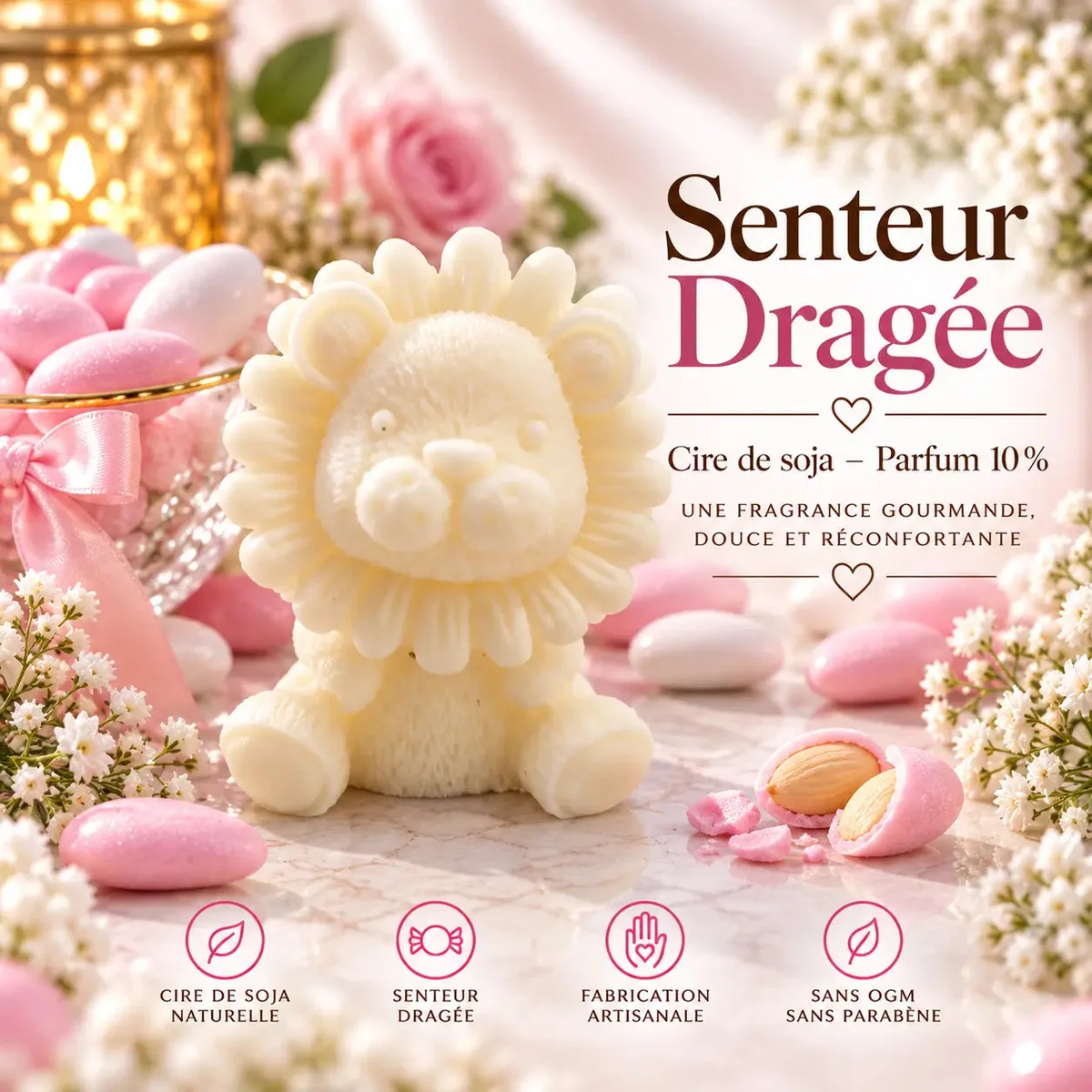 Fondant parfumé Dragée – Cire de soja | Senteur gourmande