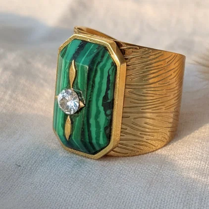 Bague Manchette Ajustable en acier inoxydable doré – Pierre Naturelle de Malachite & Étoile Céleste