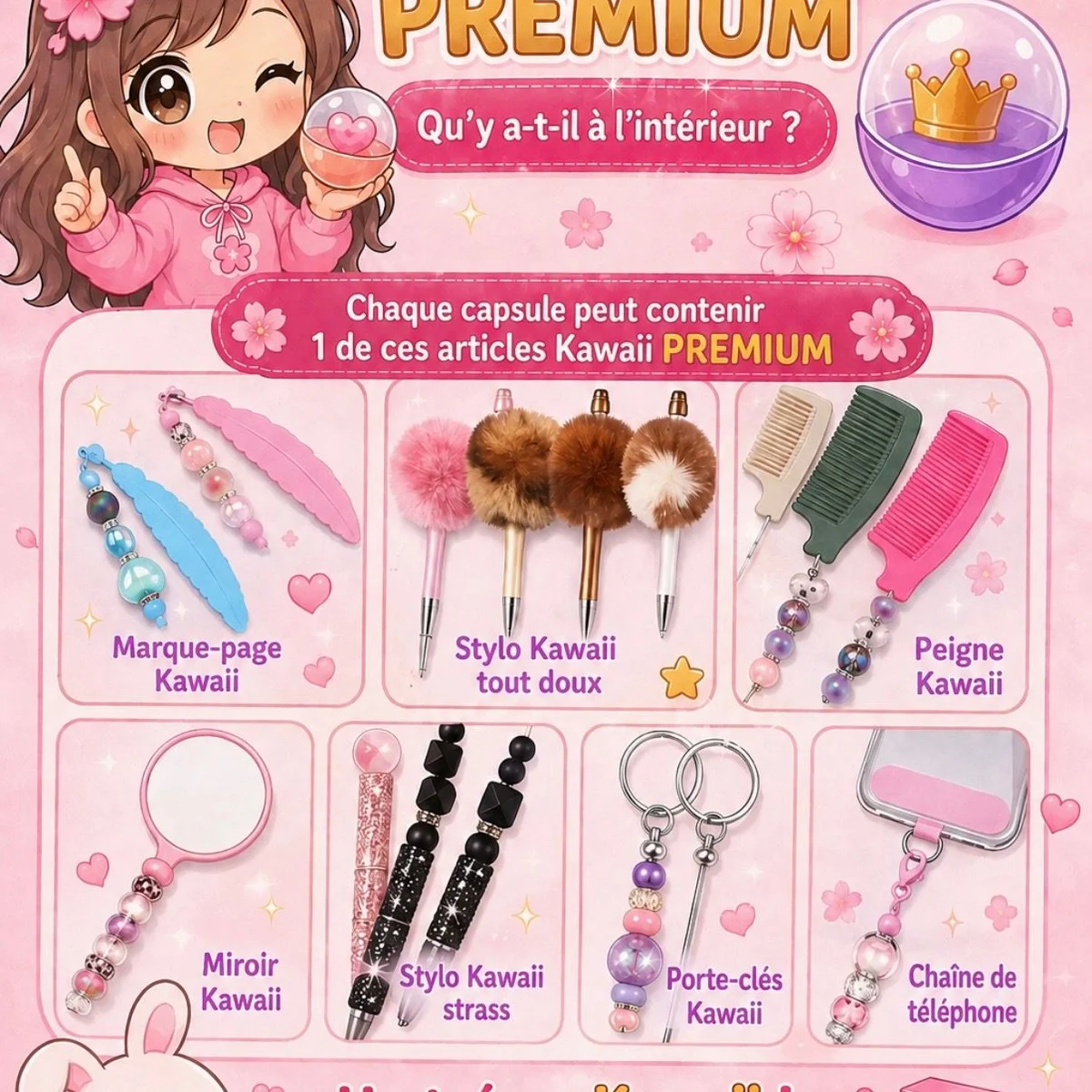 Ensemble de 50 Articles Kawaii + 6 WoW + 1 Mysterū + 4🎁 aux couleurs pastels, parmi papeterie, mode et beauté, accessoires et loisirs
