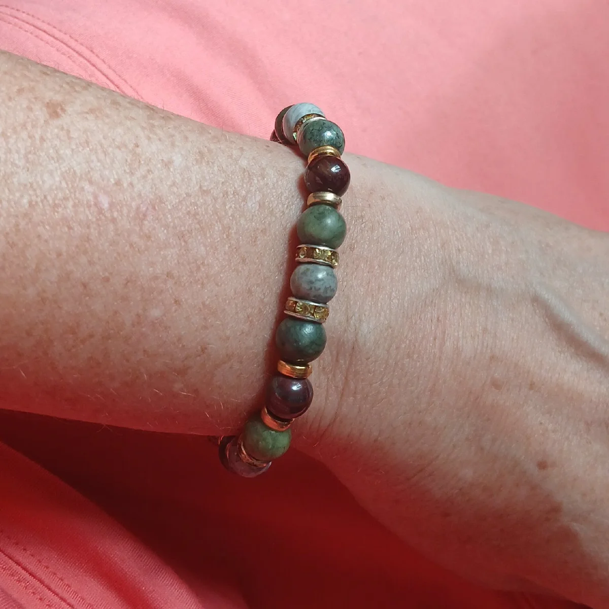 Bracelet œil de tigre rouge, jaspe grise et verte - équilibre et protection - fait main